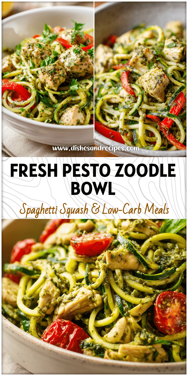 Bowl of chicken pesto zucchini noodles served as a bright Lean And Green Optavia Zoodle Recipe.